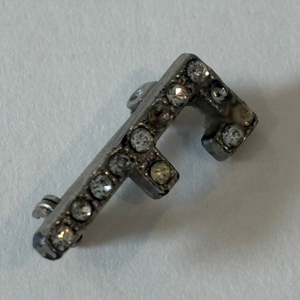 Vintage Silver Tone "F" Initial Pin with Rhinestone Crystals